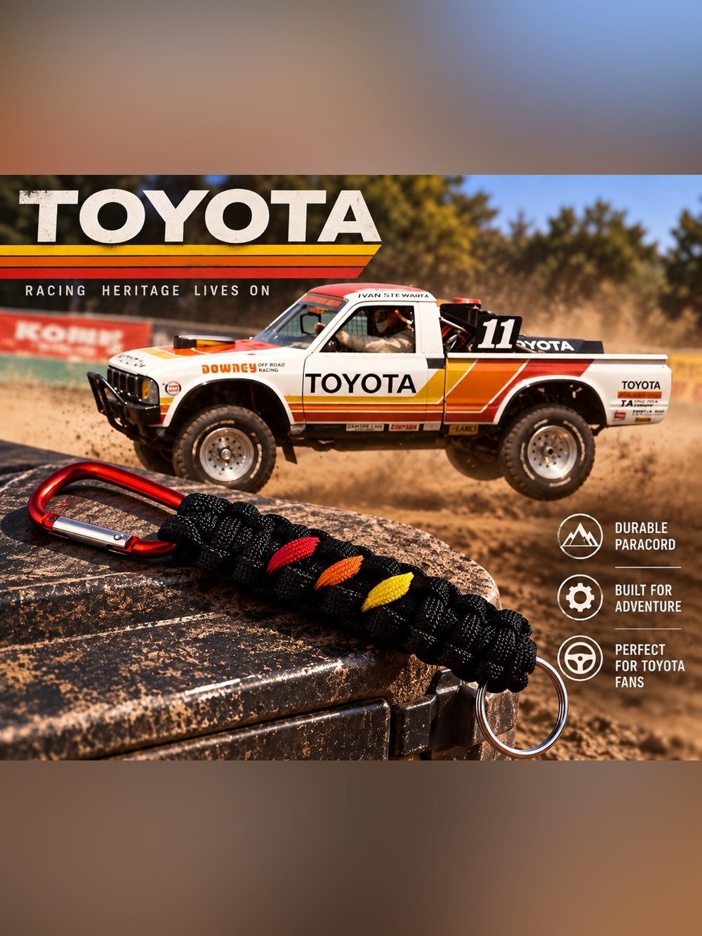 Black Paracord Keychain with Red, Orange & Yellow Accents Toyota colors.offroad